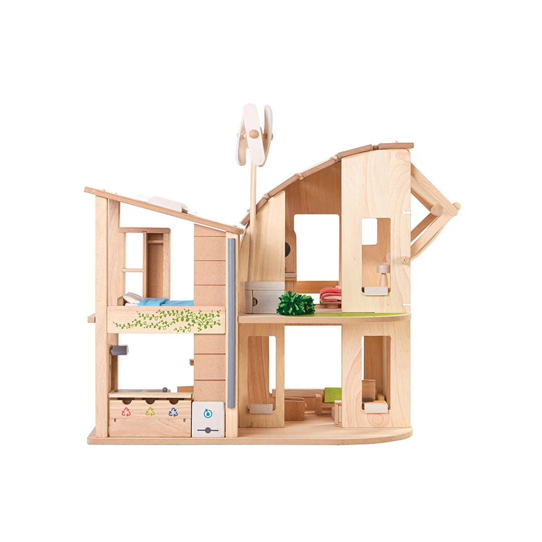Green Wooden Dollhouse With Furniture - Image 6